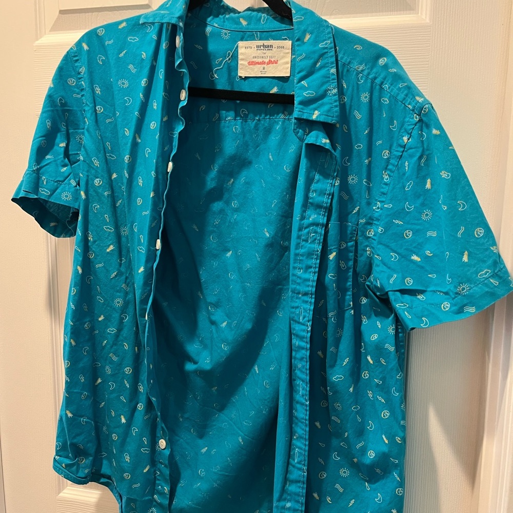 Urban Pipeline teal aloha shirt with doodle pattern standard fit